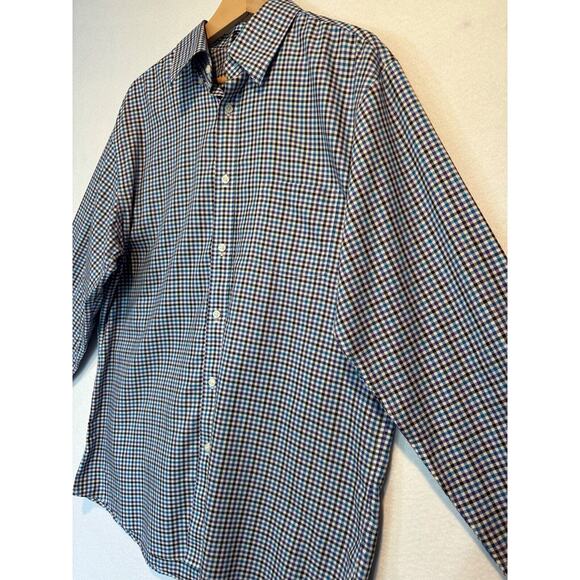 Neiman Marcus Mens Large Plaid Trim Fit Button Up Shirt Black White Purple Blue - Picture 4 of 12